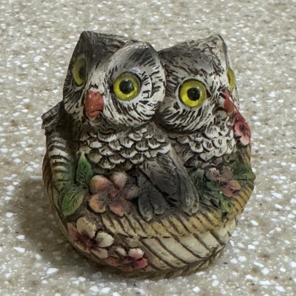 Vintage Mini Owlets Figurine Basket Owl Chicks Birds Cottagecore Handpainted
